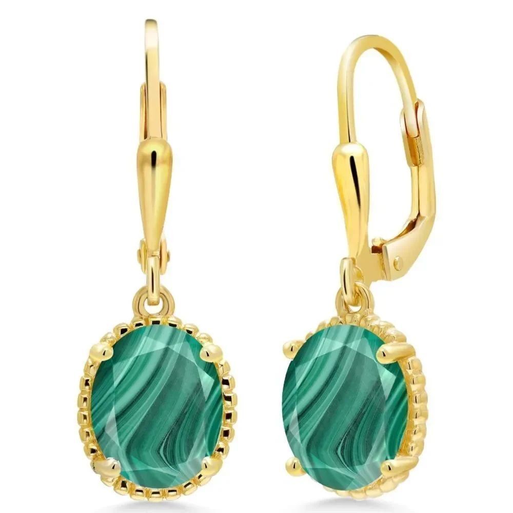 18K Yellow Gold 925 with 5.00 Cttw Malachite Oval Leverback Hook Earrings